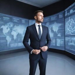 Generate a detailed image of an innovative businessman in a sleek suit, standing amidst a high tech augmented reality workspace, brainstorming and interacting with digital screens full of complex data and futuristic diagrams