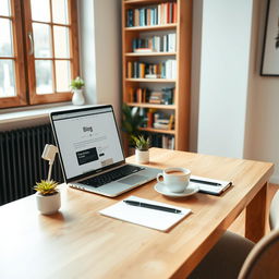 A stylish workspace setup featuring a sleek, minimalist wooden desk with an open laptop displaying a blog editor interface