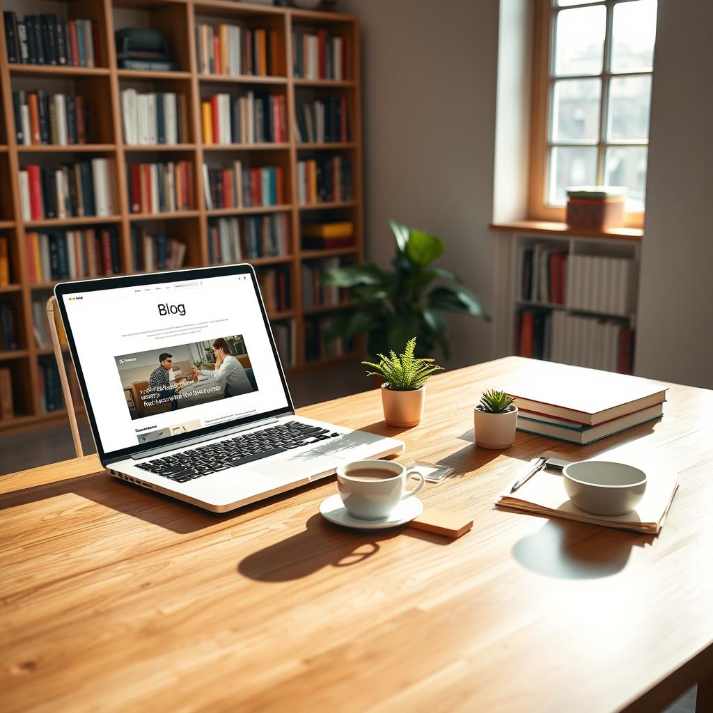 A stylish workspace setup featuring a sleek, minimalist wooden desk with an open laptop displaying a blog editor interface