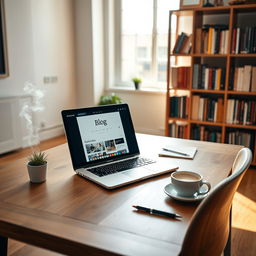 A stylish workspace setup featuring a sleek, minimalist wooden desk with an open laptop displaying a blog editor interface