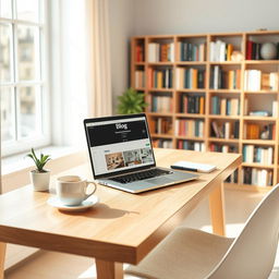 A stylish workspace setup featuring a sleek, minimalist wooden desk with an open laptop displaying a blog editor interface