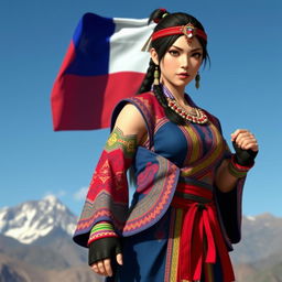 Chun-Li from Street Fighter reimagined with a Chilean cultural theme