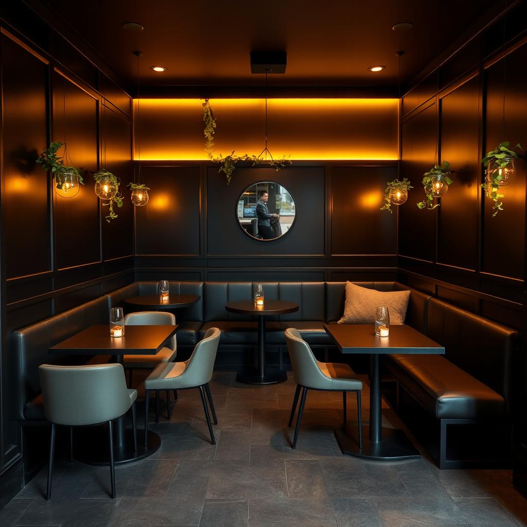 A small, stylish restobar interior featuring six small tables, each designed for intimate gatherings