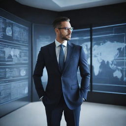 Generate a detailed image of an innovative businessman in a sleek suit, standing amidst a high tech augmented reality workspace, brainstorming and interacting with digital screens full of complex data and futuristic diagrams