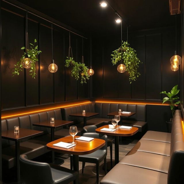 A small, stylish restobar interior featuring six small tables, each designed for intimate gatherings