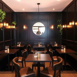 A small, stylish restobar interior featuring six small tables, each designed for intimate gatherings