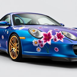 A stunning Porsche 997 Turbo in Blue-Violet metallic, featuring an intricate wrap with daisies and pink lilies as decorative motifs, creating a vibrant and artistic display on the car's body