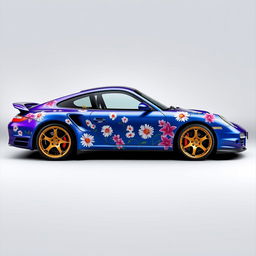 A stunning Porsche 997 Turbo in Blue-Violet metallic, featuring an intricate wrap with daisies and pink lilies as decorative motifs, creating a vibrant and artistic display on the car's body