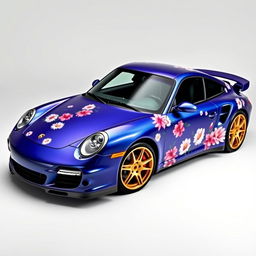 A stunning Porsche 997 Turbo in Blue-Violet metallic, featuring an intricate wrap with daisies and pink lilies as decorative motifs, creating a vibrant and artistic display on the car's body