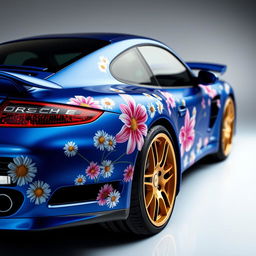 A stunning Porsche 997 Turbo in Blue-Violet metallic, featuring an intricate wrap with daisies and pink lilies as decorative motifs, creating a vibrant and artistic display on the car's body