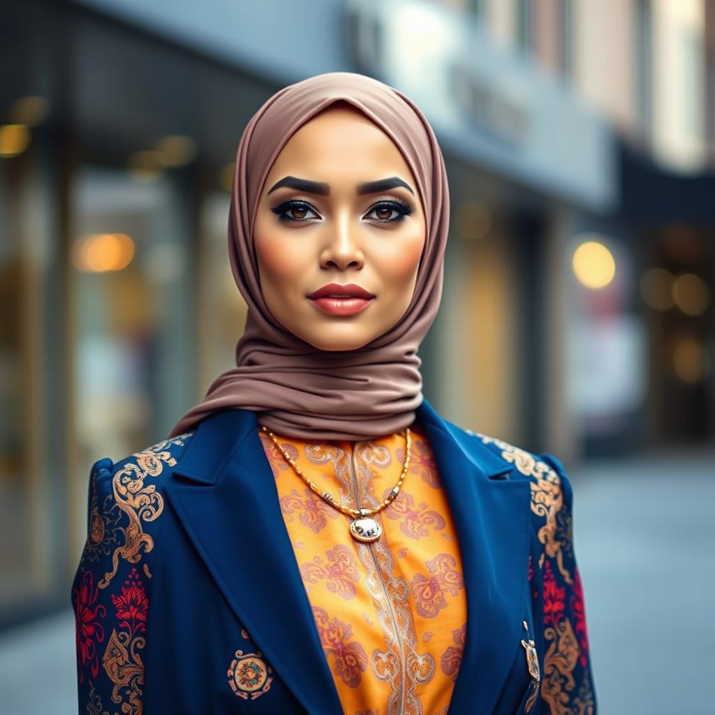 A stylish woman wearing a hijab, elegantly dressed in modern fashion