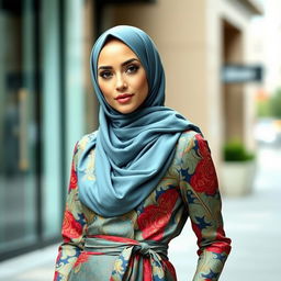 A stylish woman wearing a hijab, elegantly dressed in modern fashion