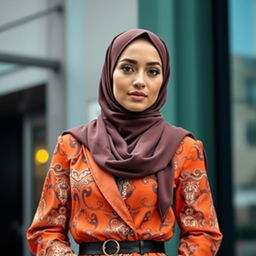 A stylish woman wearing a hijab, elegantly dressed in modern fashion