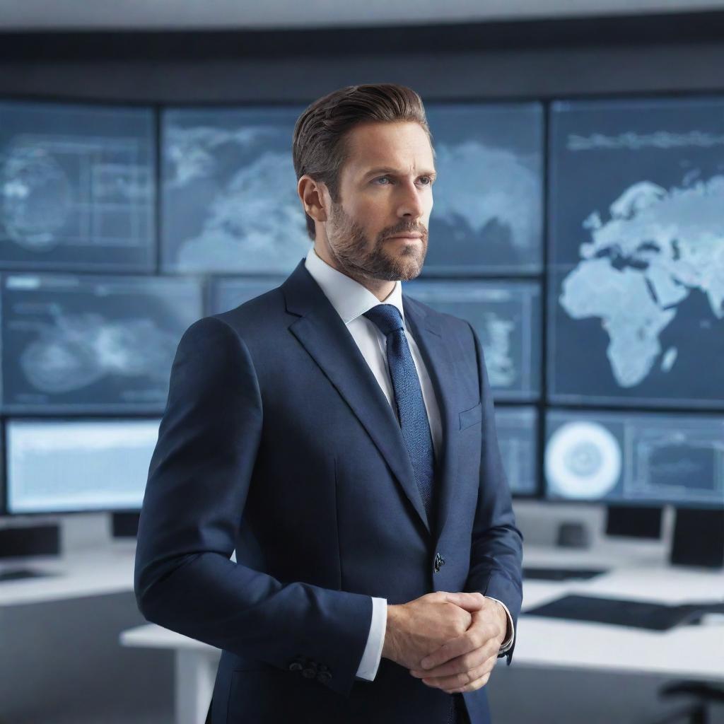 Generate a detailed image of an innovative businessman in a sleek suit, standing amidst a high tech augmented reality workspace, brainstorming and interacting with digital screens full of complex data and futuristic diagrams