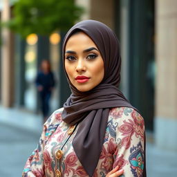 A stylish woman wearing a hijab, elegantly dressed in modern fashion