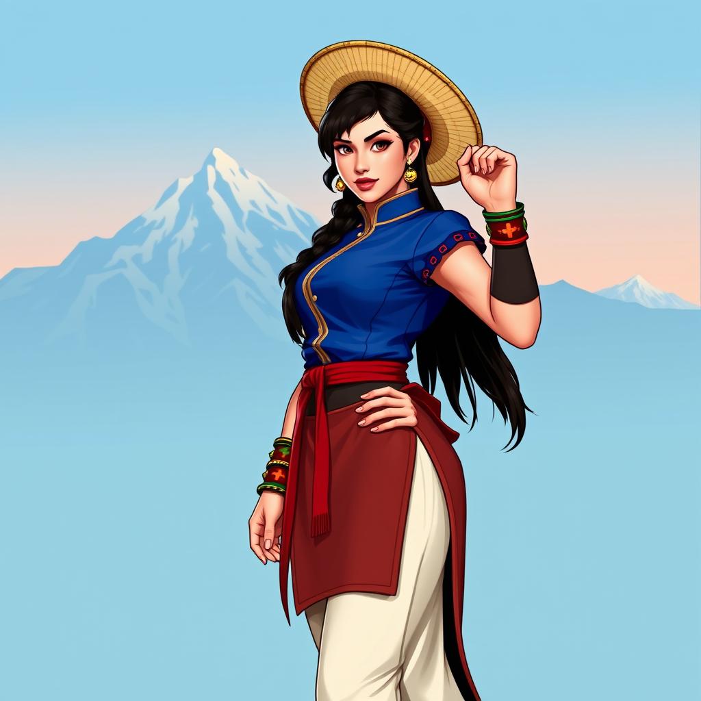 A stylized portrait of Chun-Li, the iconic character from Street Fighter, reimagined in a traditional Chilean outfit