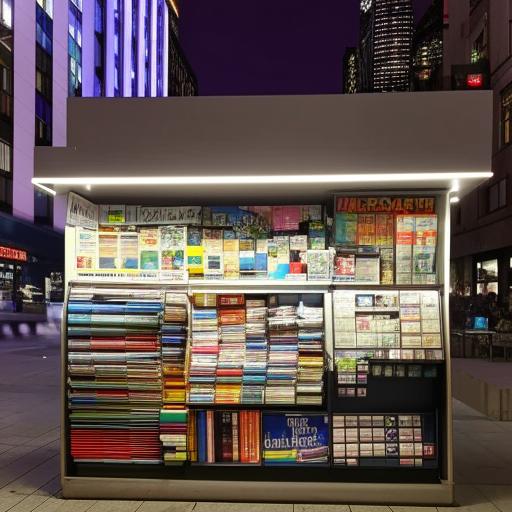 A well-lit kiosk situated in a bustling city centre, adorned with vibrant colors and numerous magazines and newspapers.