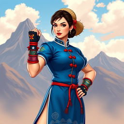 A stylized portrait of Chun-Li, the iconic character from Street Fighter, reimagined in a traditional Chilean outfit