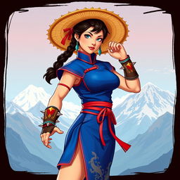 A stylized portrait of Chun-Li, the iconic character from Street Fighter, reimagined in a traditional Chilean outfit