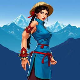 A stylized portrait of Chun-Li, the iconic character from Street Fighter, reimagined in a traditional Chilean outfit