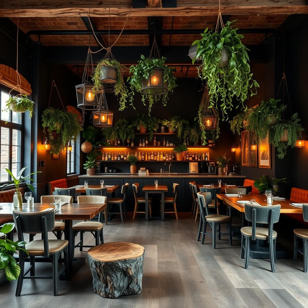 A larger, rustic restobar interior with striking black walls, highlighted by warm amber lighting