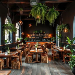 A larger, rustic restobar interior with striking black walls, highlighted by warm amber lighting