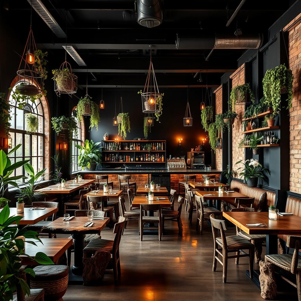 A larger, rustic restobar interior with striking black walls, highlighted by warm amber lighting