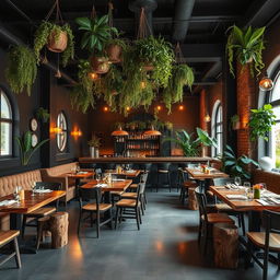 A larger, rustic restobar interior with striking black walls, highlighted by warm amber lighting