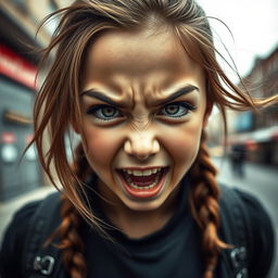 A front-facing girl expressing intense emotion, with a captivating gaze and a powerful demeanor