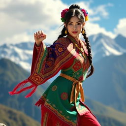 Chilean interpretation of Chun Li, wearing a traditional Chilean huaso outfit with vibrant colors