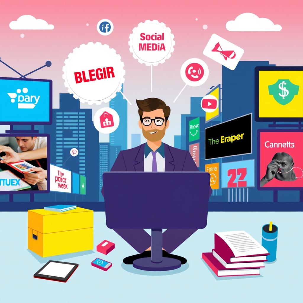 Illustration depicting the concept of brand visibility through blogging, featuring a digital marketing expert sitting at a desk, surrounded by various technology gadgets like a laptop and smartphone, with graphics symbolizing social media, SEO, and content marketing strategies floating around