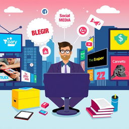 Illustration depicting the concept of brand visibility through blogging, featuring a digital marketing expert sitting at a desk, surrounded by various technology gadgets like a laptop and smartphone, with graphics symbolizing social media, SEO, and content marketing strategies floating around