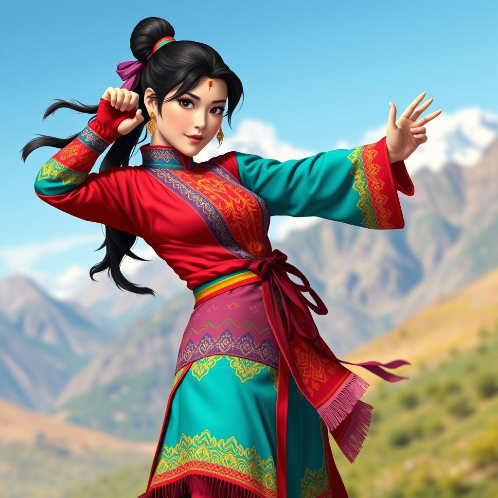 Chilean interpretation of Chun Li, wearing a traditional Chilean huaso outfit with vibrant colors