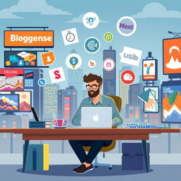 Illustration depicting the concept of brand visibility through blogging, featuring a digital marketing expert sitting at a desk, surrounded by various technology gadgets like a laptop and smartphone, with graphics symbolizing social media, SEO, and content marketing strategies floating around