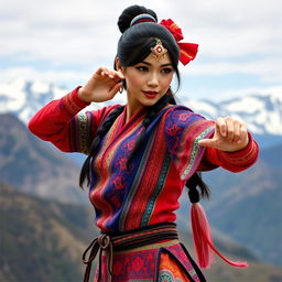 Chilean interpretation of Chun Li, wearing a traditional Chilean huaso outfit with vibrant colors