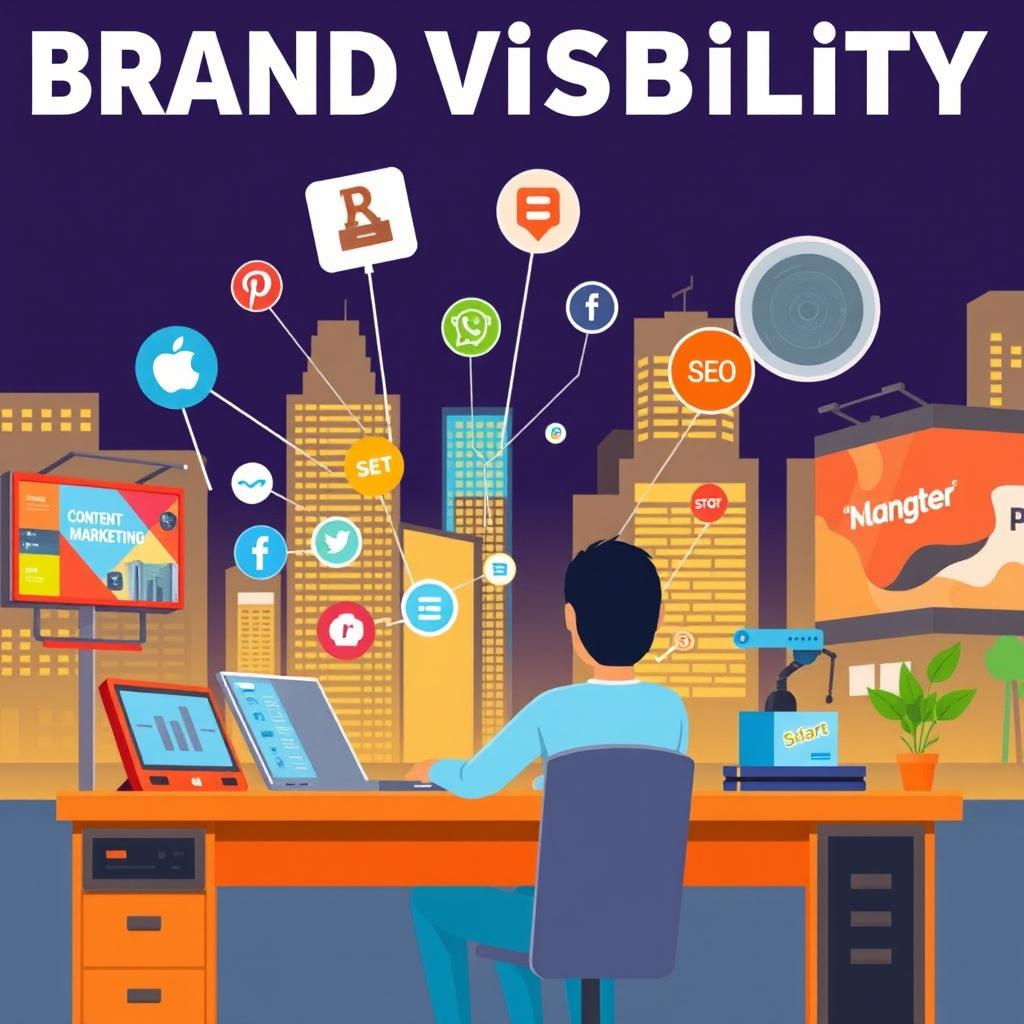 Illustration depicting the concept of brand visibility through blogging, featuring a digital marketing expert sitting at a desk, surrounded by various technology gadgets like a laptop and smartphone, with graphics symbolizing social media, SEO, and content marketing strategies floating around