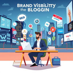 Illustration depicting the concept of brand visibility through blogging, featuring a digital marketing expert sitting at a desk, surrounded by various technology gadgets like a laptop and smartphone, with graphics symbolizing social media, SEO, and content marketing strategies floating around