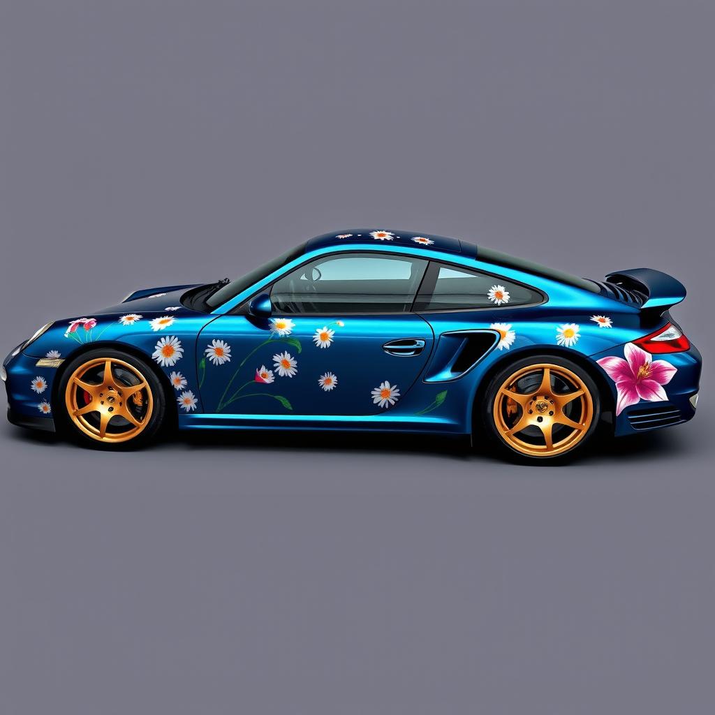 A stunning Porsche 997 Turbo in Blue Night metallic, featuring an intricate wrap with daisies and big pink lilies as decorative motifs, creating a vibrant and artistic display on the car's body