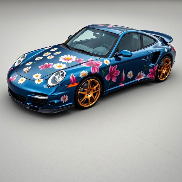 A stunning Porsche 997 Turbo in Blue Night metallic, featuring an intricate wrap with daisies and big pink lilies as decorative motifs, creating a vibrant and artistic display on the car's body