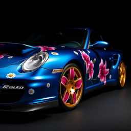 A stunning Porsche 997 Turbo in Blue Night metallic, featuring an intricate wrap with daisies and big pink lilies as decorative motifs, creating a vibrant and artistic display on the car's body