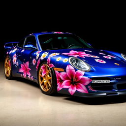 A stunning Porsche 997 Turbo in Blue Night metallic, featuring an intricate wrap with daisies and big pink lilies as decorative motifs, creating a vibrant and artistic display on the car's body