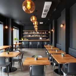 A minimalist restobar interior with an economical decor, featuring sleek black walls and subtle, budget-friendly amber lighting fixtures