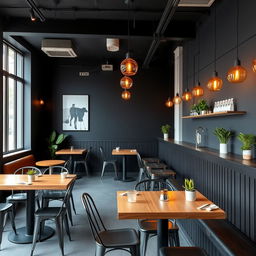 A minimalist restobar interior with an economical decor, featuring sleek black walls and subtle, budget-friendly amber lighting fixtures