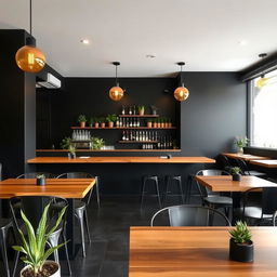 A minimalist restobar interior with an economical decor, featuring sleek black walls and subtle, budget-friendly amber lighting fixtures