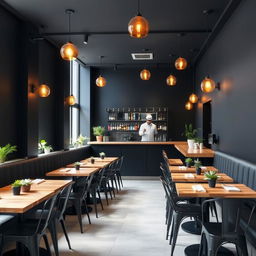 A minimalist restobar interior with an economical decor, featuring sleek black walls and subtle, budget-friendly amber lighting fixtures