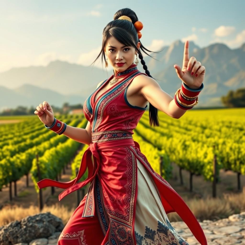 Chun Li reimagined as a Chilean character, wearing attire with a fusion of traditional Chilean elements and her iconic outfit