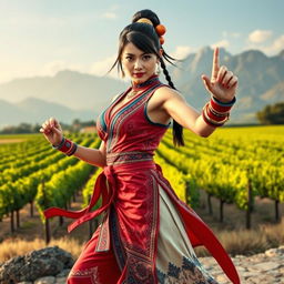 Chun Li reimagined as a Chilean character, wearing attire with a fusion of traditional Chilean elements and her iconic outfit