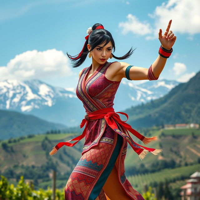 Chun Li reimagined as a Chilean character, wearing attire with a fusion of traditional Chilean elements and her iconic outfit