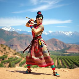 Chun Li reimagined as a Chilean character, wearing attire with a fusion of traditional Chilean elements and her iconic outfit