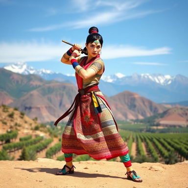 Chun Li reimagined as a Chilean character, wearing attire with a fusion of traditional Chilean elements and her iconic outfit